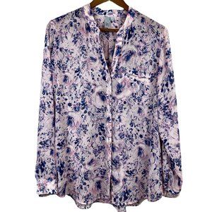 Kut From The Kloth Blouse Top L Pink Floral Semi Sheer Long Tab Sleeve V-Neck